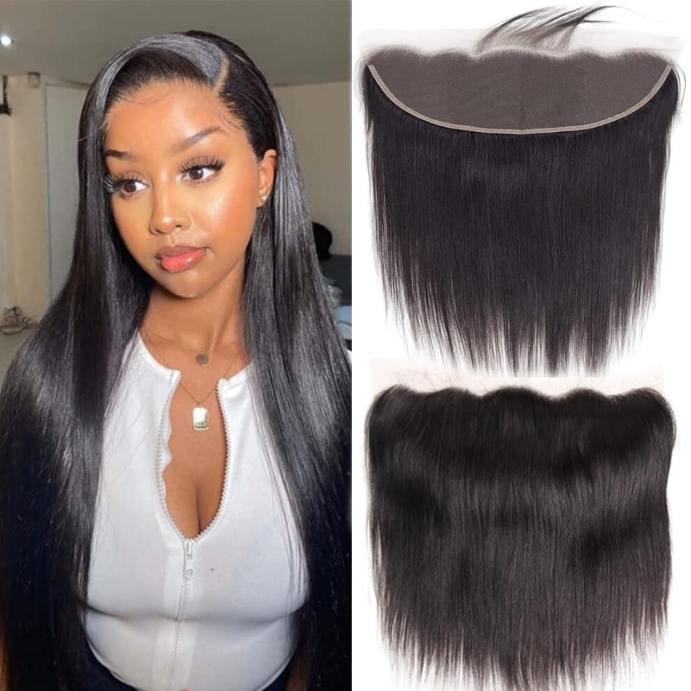 Unisex Brazilian Straight Lace Frontal 13X4 Transparent Closure 14 Inch Virgin Human Hair Pre Plucked 150% Density