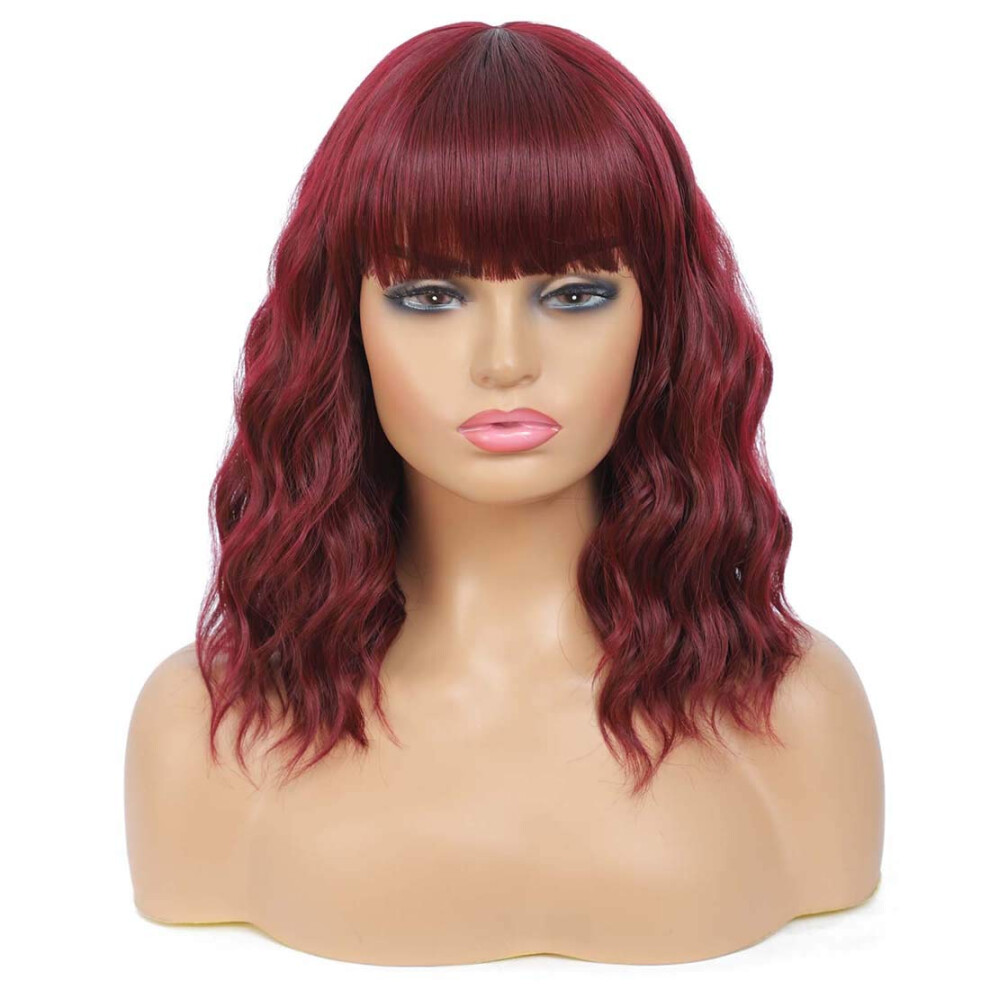 Wine Red Short Wavy Bob Wig with Bangs 14 Inch Heat Resistant Synthetic Natural Looking