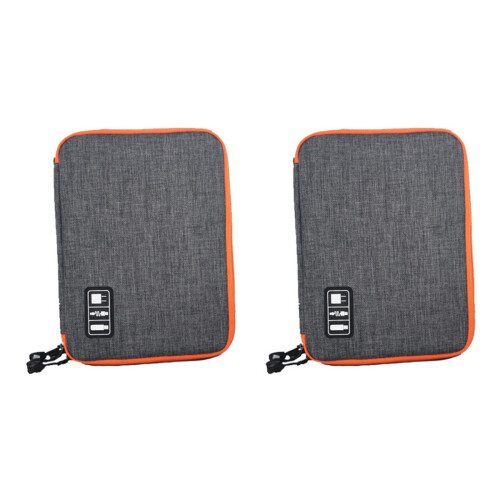 2Pcs Grey Cloth USB Cable Pouch Double-Layer Earphone Storage Bag 1