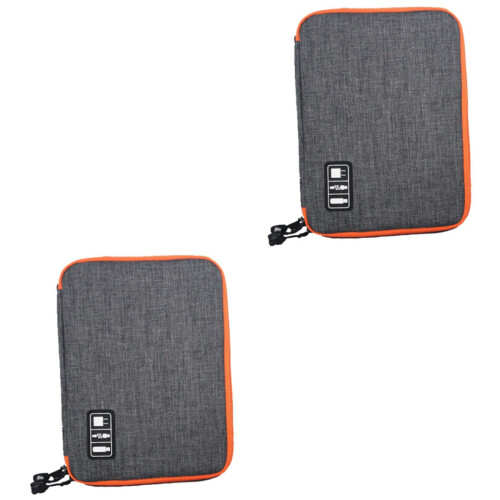 2Pcs Grey Cloth USB Cable Pouch Double-Layer Earphone Storage Bag 2