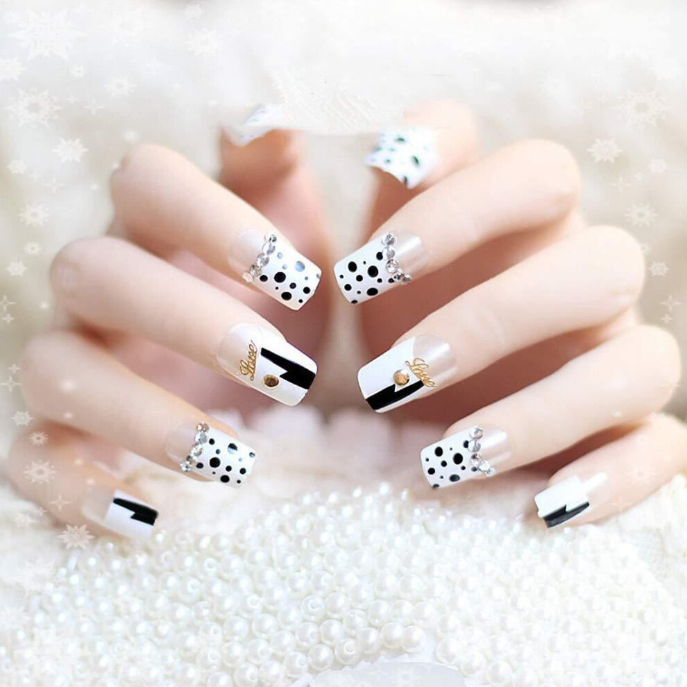 White Short Squoval Press On Nails French Tip Acrylic Fake Nails With Bling Rhinestones 24Pcs