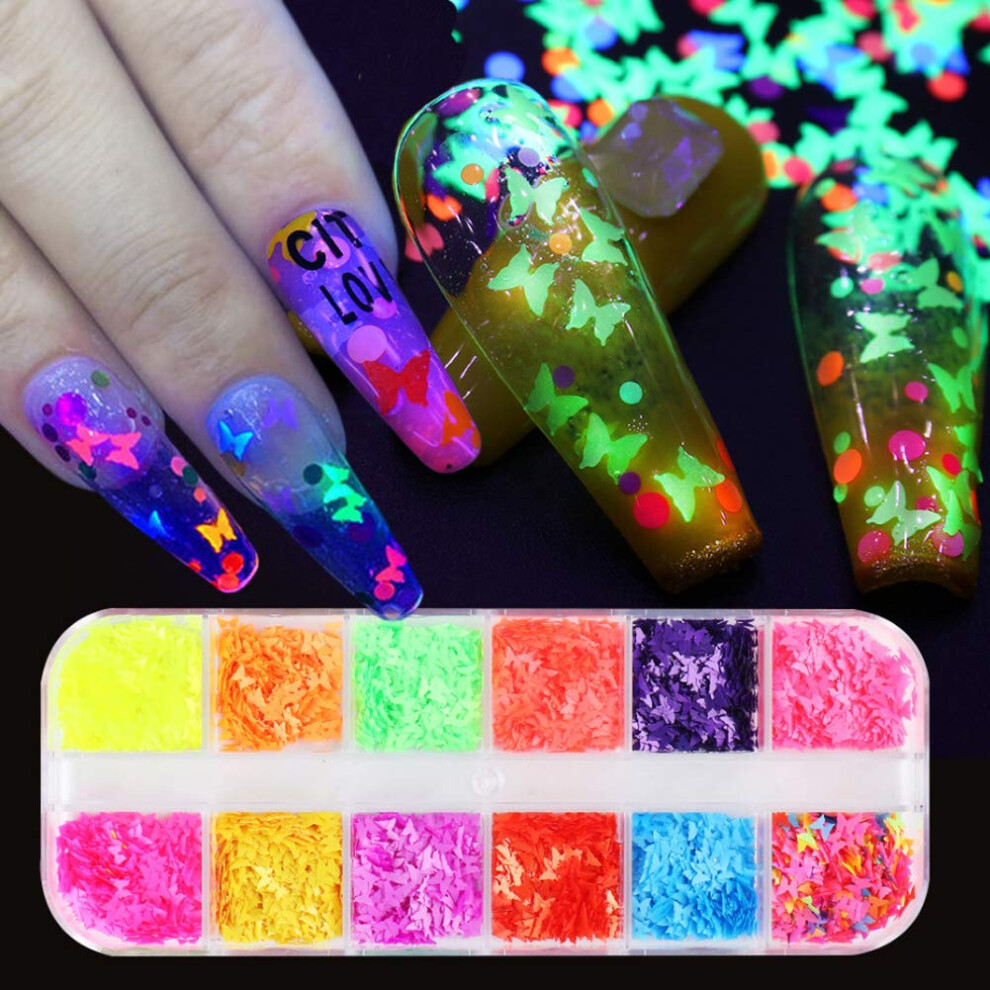 Nail Art Butterfly Sequins 12 Colors Luminous 3D Holographic Glitter Flakes for Christmas Manicure