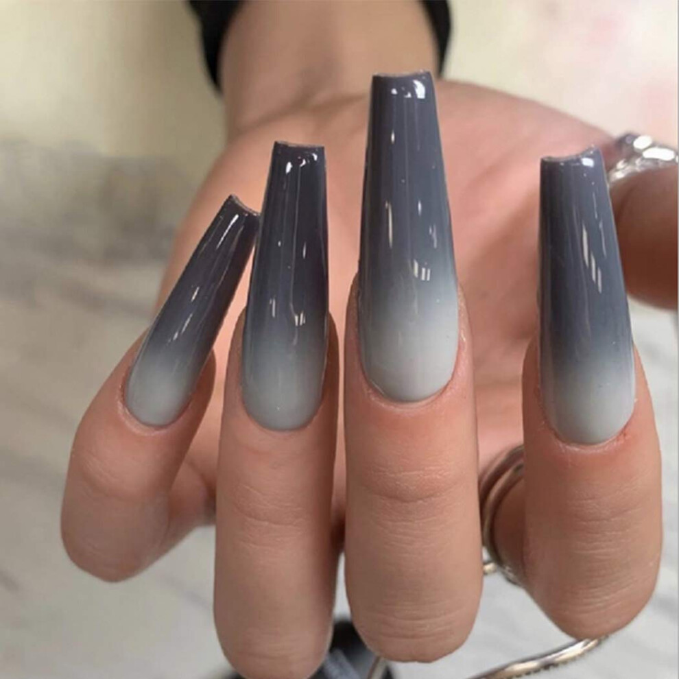 Gray Extra Long Ombre Press On Nails Ballerina Glossy Gradient Fake Nails With Jelly Glue 24Pcs