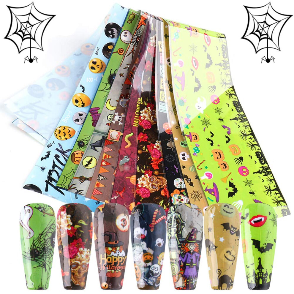 10 Sheets Halloween Nail Art Foil Transfer Stickers with Glitter Accents, Pumpkin Witch Ghost Skulls