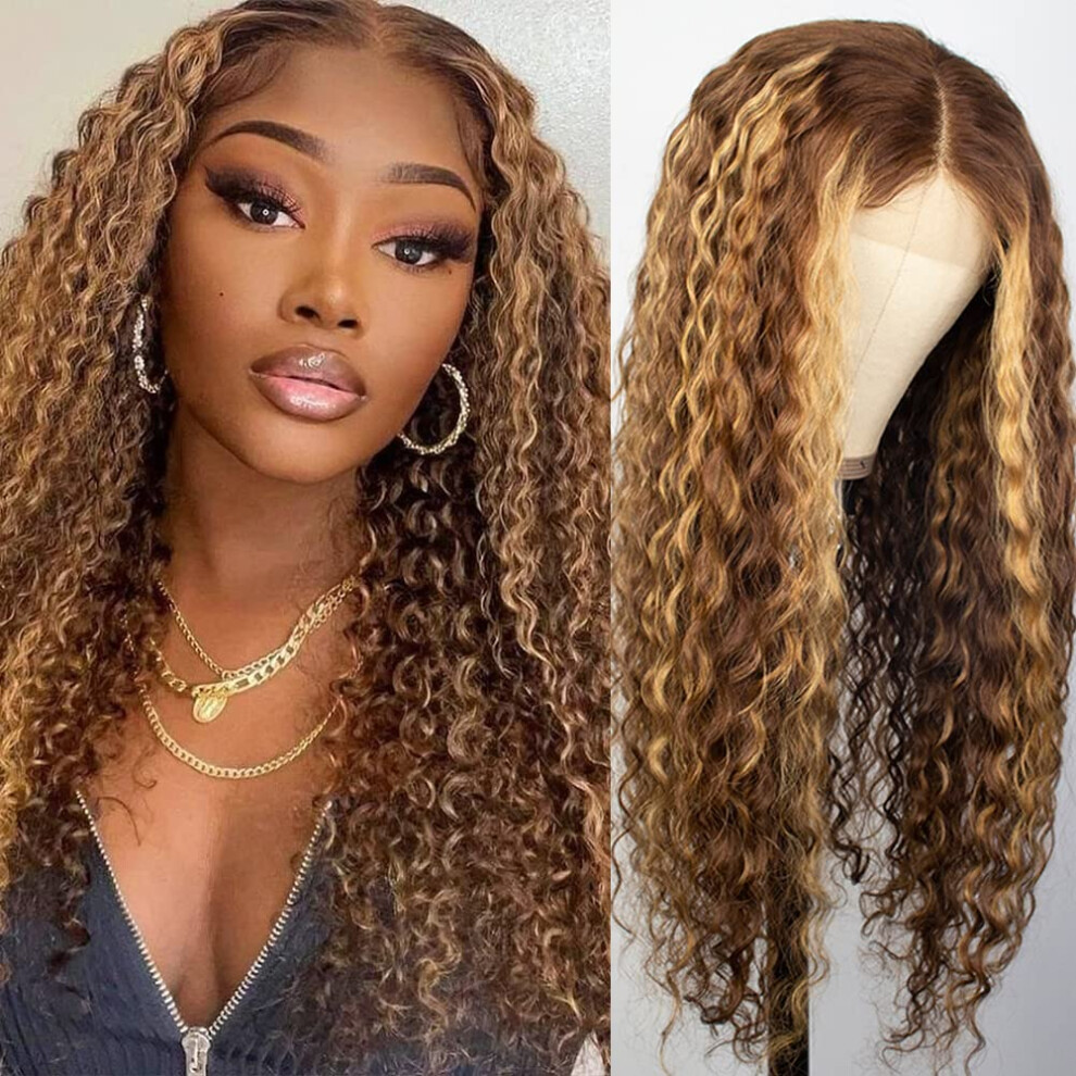 30 Inch 4x4 Ombre Highlight Deep Wave Human Hair Lace Front Wig Glueless Pre Plucked 180% Density