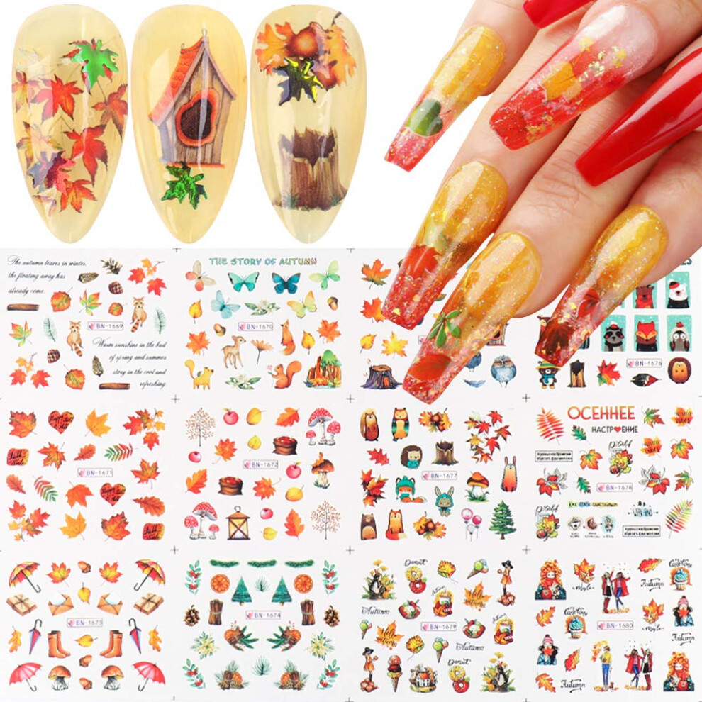 Autumn Nail Art Stickers Maple Leaf Thanksgiving Water Transfer Decals with Squirrel Butterfly Designs