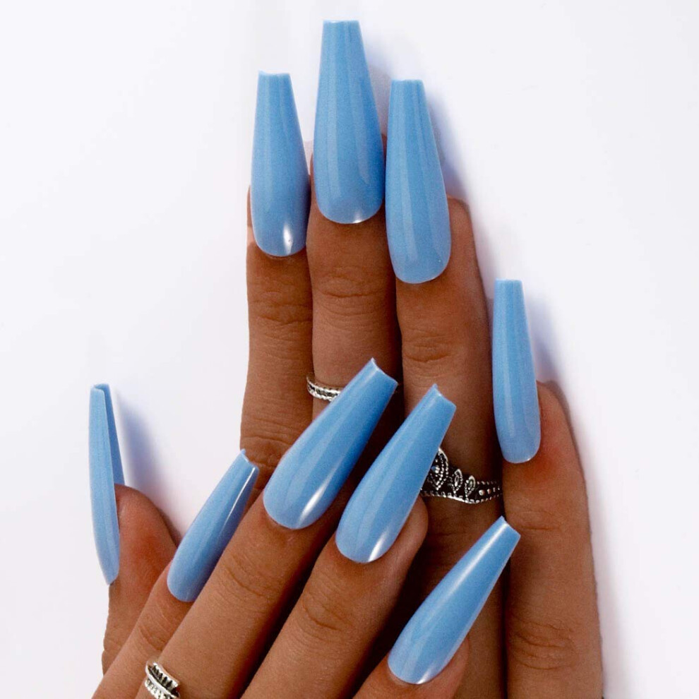 Blue Long Coffin Press On Nails Glossy Sky Acrylic Ballerina Shape False Nails For Women