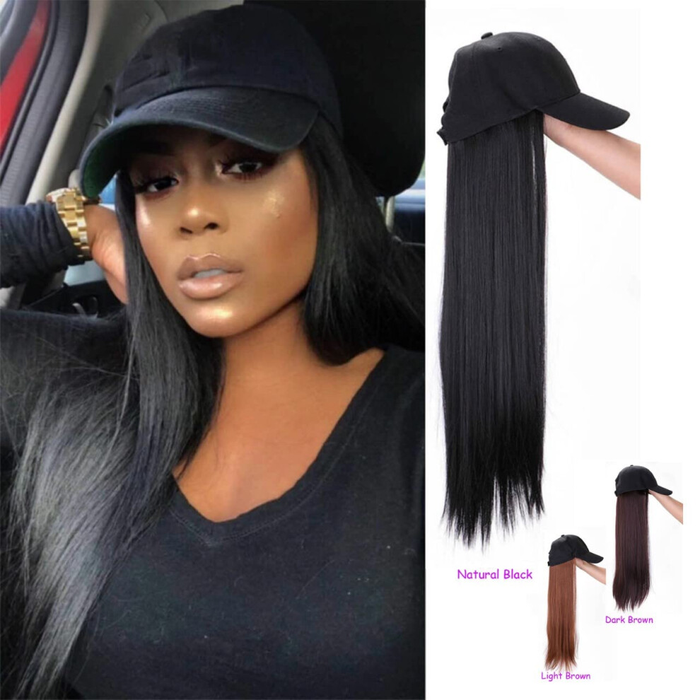 Wig Hat for Women with 24' Long Straight Synthetic Hair, Adjustable Baseball Cap Wig, Black