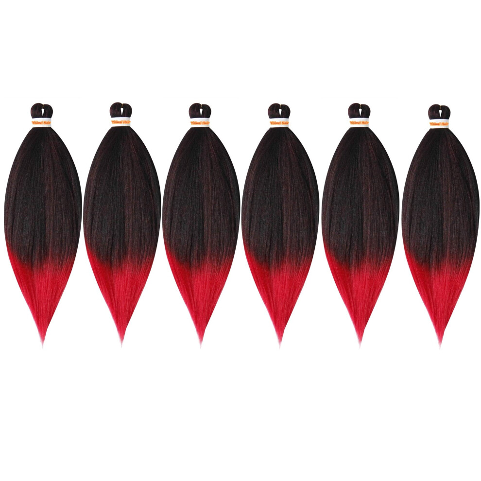 Unisex Red Pre Stretched Braiding Hair Extensions 20 Inch Yaki Texture T1b Ombre 6 Packs Synthetic