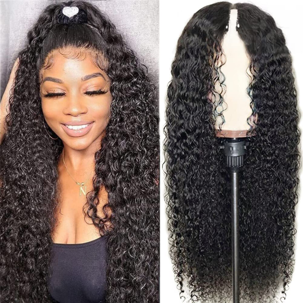 Unisex V Part Curly Human Hair Wig 24 Inch Glueless Brazilian Virgin Hair Pre Plucked Natural Scalp