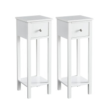 Slim Solid Wooden Bedside Table, Set of 2 Small Narrow Side End Tables, Modern Narrow Bedroom Nightstand with Open Shelf and Drawer Amelia  WHITE
