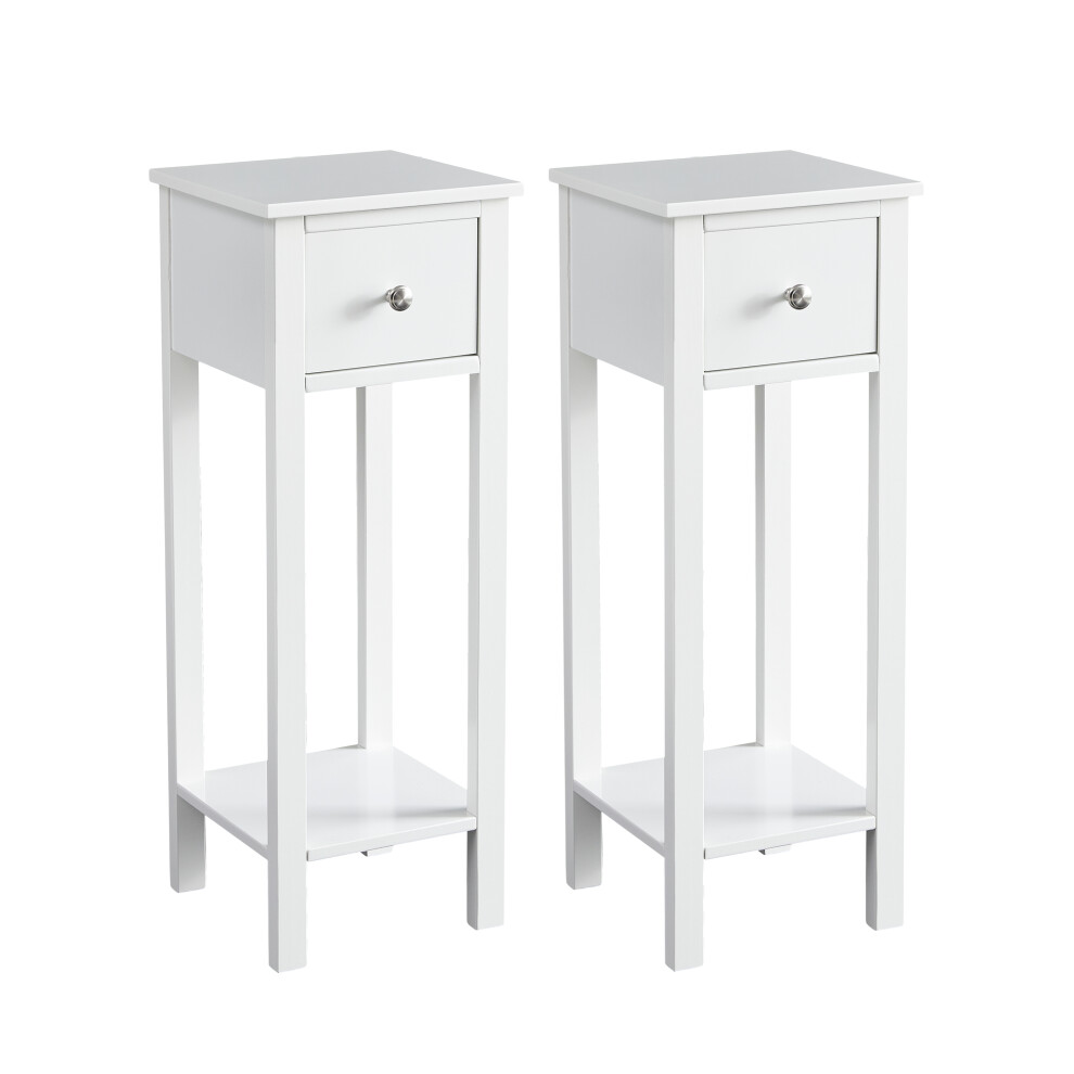 Mcc Slim Solid Wooden Bedside Table, Set Of 2 Small Narrow Side End Tables, Modern Narrow Bedroom Nightstand With Open Shelf And Drawer Amelia White