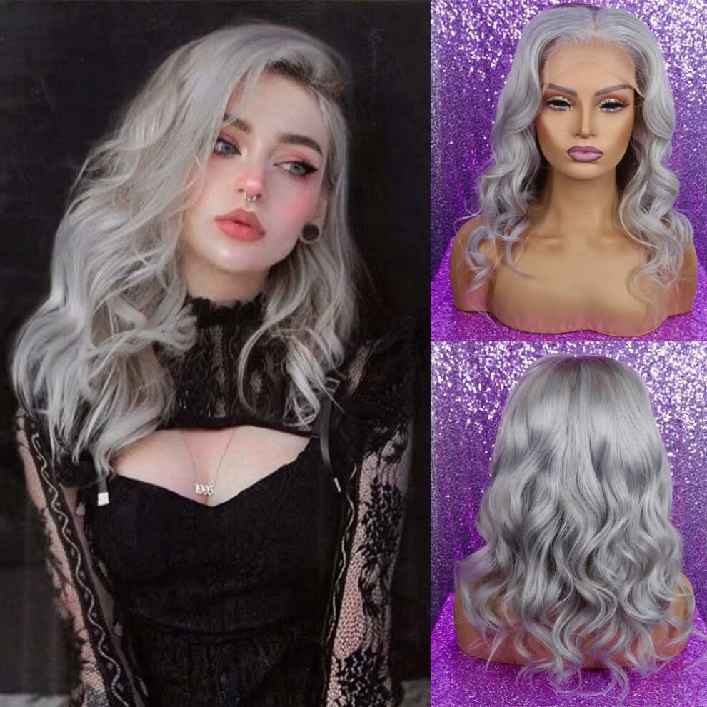 Unisex Gray 16 Inch Wavy Lace Front Wig, Heat Resistant Synthetic, Natural Hairline, 150% Density