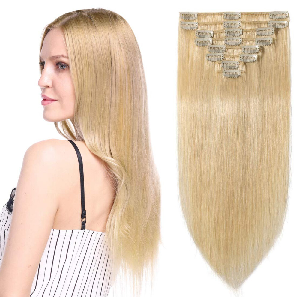 Unisex Human Hair Clip In Extensions 14 Inch Bleach Blonde Remy Double Drawn For Instant Volume And Shine