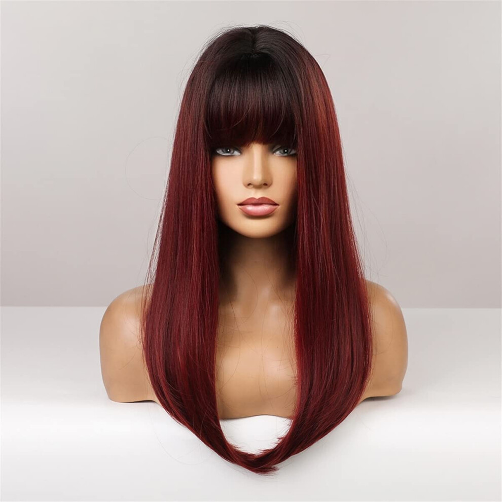 Unisex Black,Red Long Straight Synthetic Wig With Bangs Black To Wine Red Heat Resistant Wig For Women 24 Inch