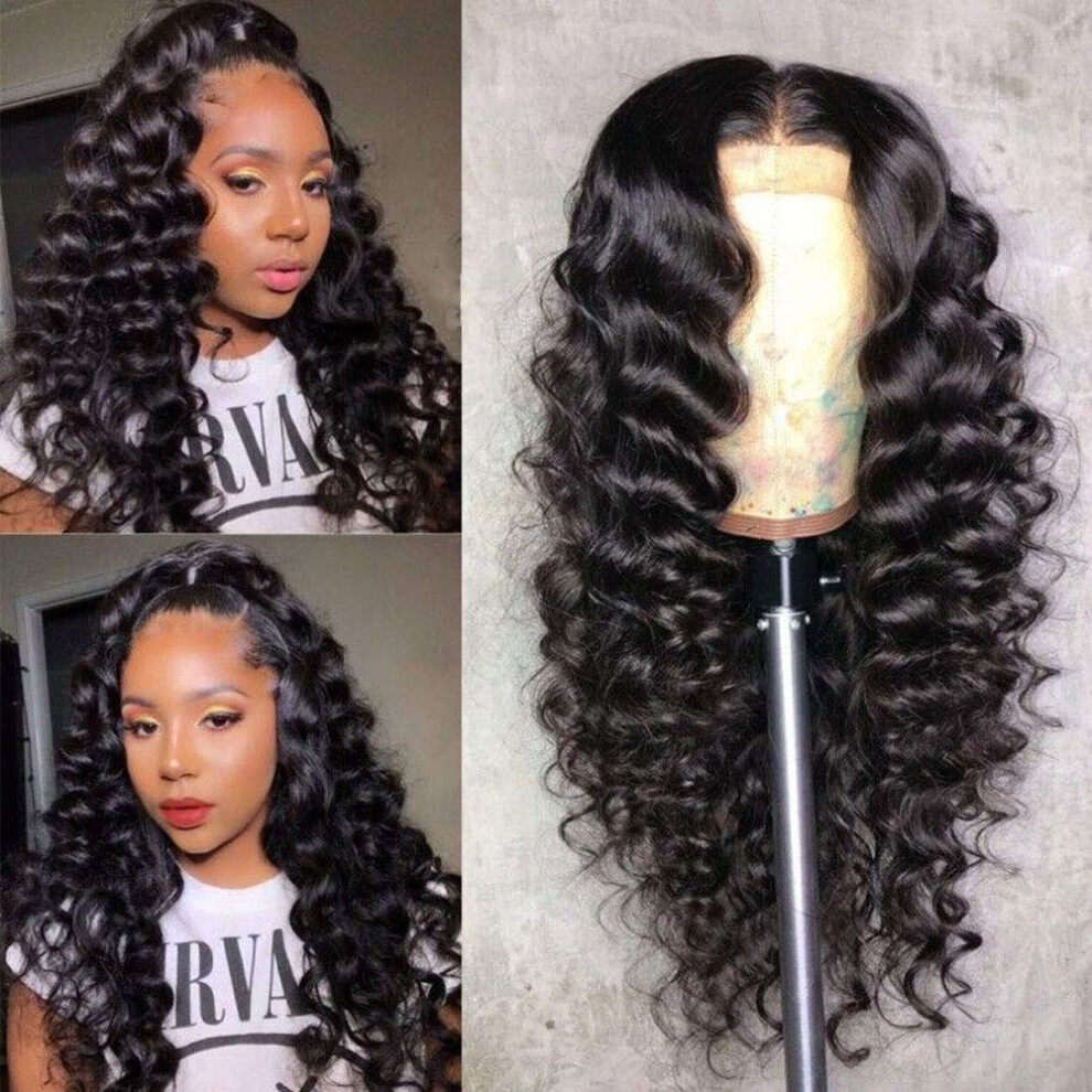 Unisex Black 14 Inch 5X5 Lace Front Human Hair Wig For Women, Brazilian Loose Deep Wave, Glueless Natural Hairline, 150% Density