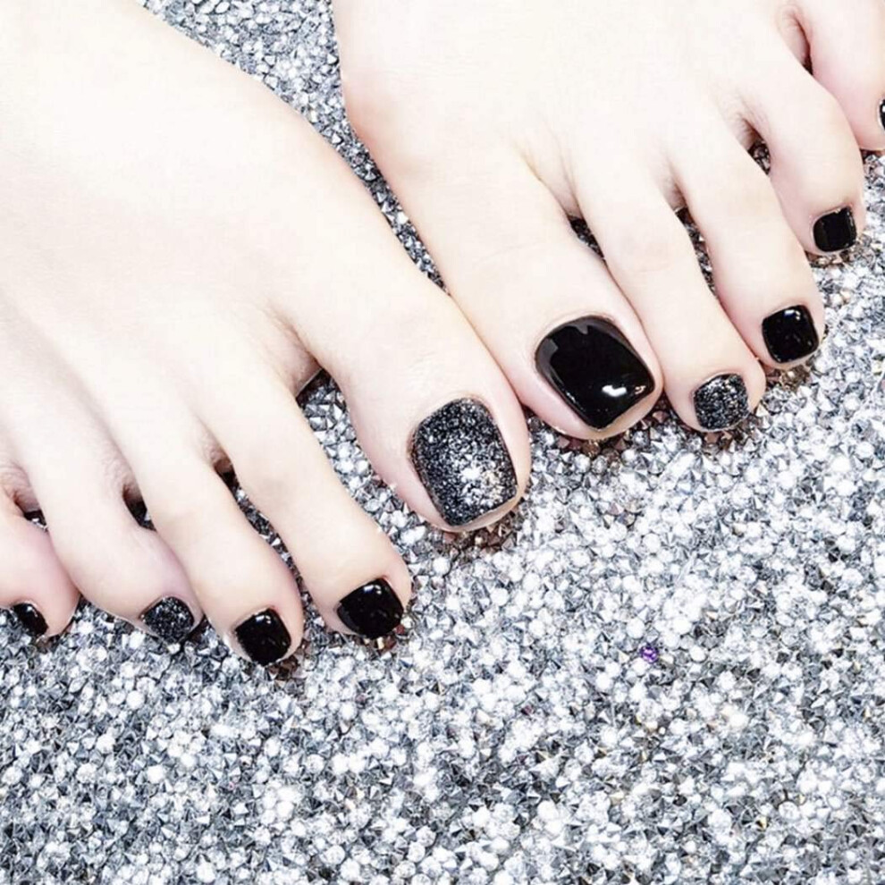 Black Glitter Press On Toenails Short Square Fake Toenails For Women 24Pcs Sparkly Finish
