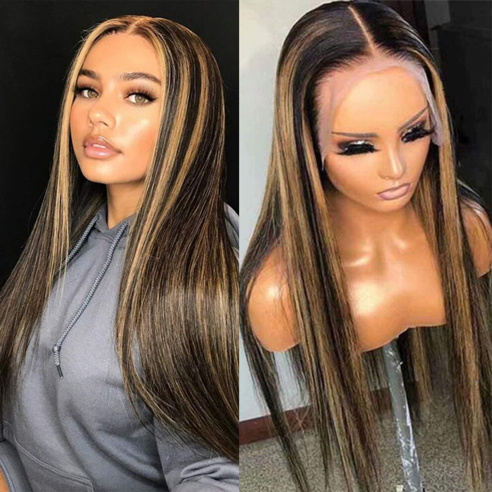 Highlight 1B27 Straight Human Hair Lace Front Wig, Brazilian Virgin, PrePlucked Hairline, 8 Inch