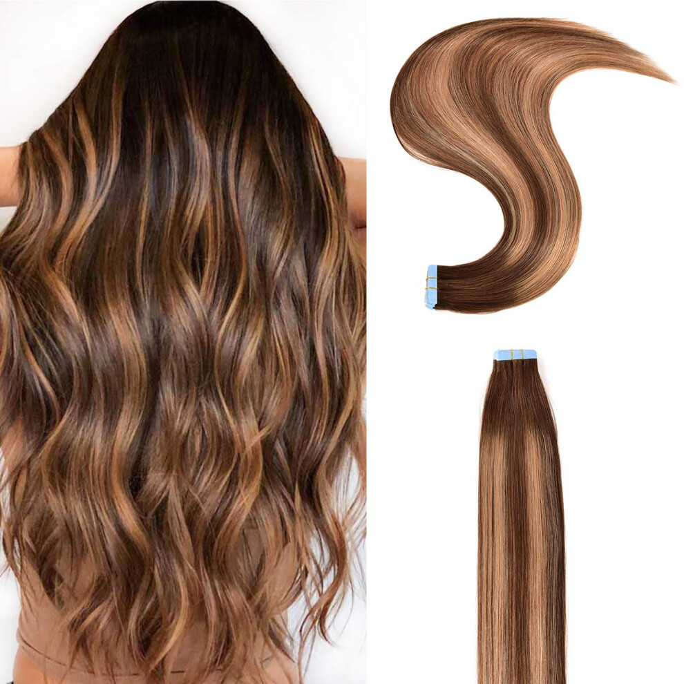 Unisex Brown 16 Inch Chocolate Caramel Blonde Tape In Hair Extensions Remy Human Hair Seamless Skin Weft