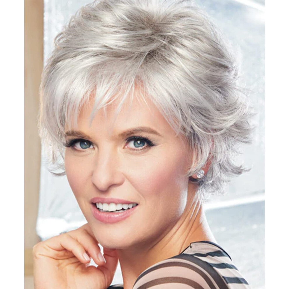 Short Pixie Wig for Women Layered Ash Grey with Bangs Heat Resistant Synthetic Hair