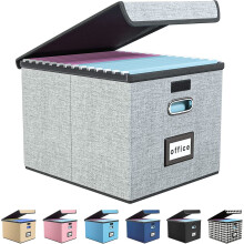 Upgraded Portable File Organizer Box with Lid, Collapsible Linen Hanging Filing Storage Boxes with Plastic Slides, Gray