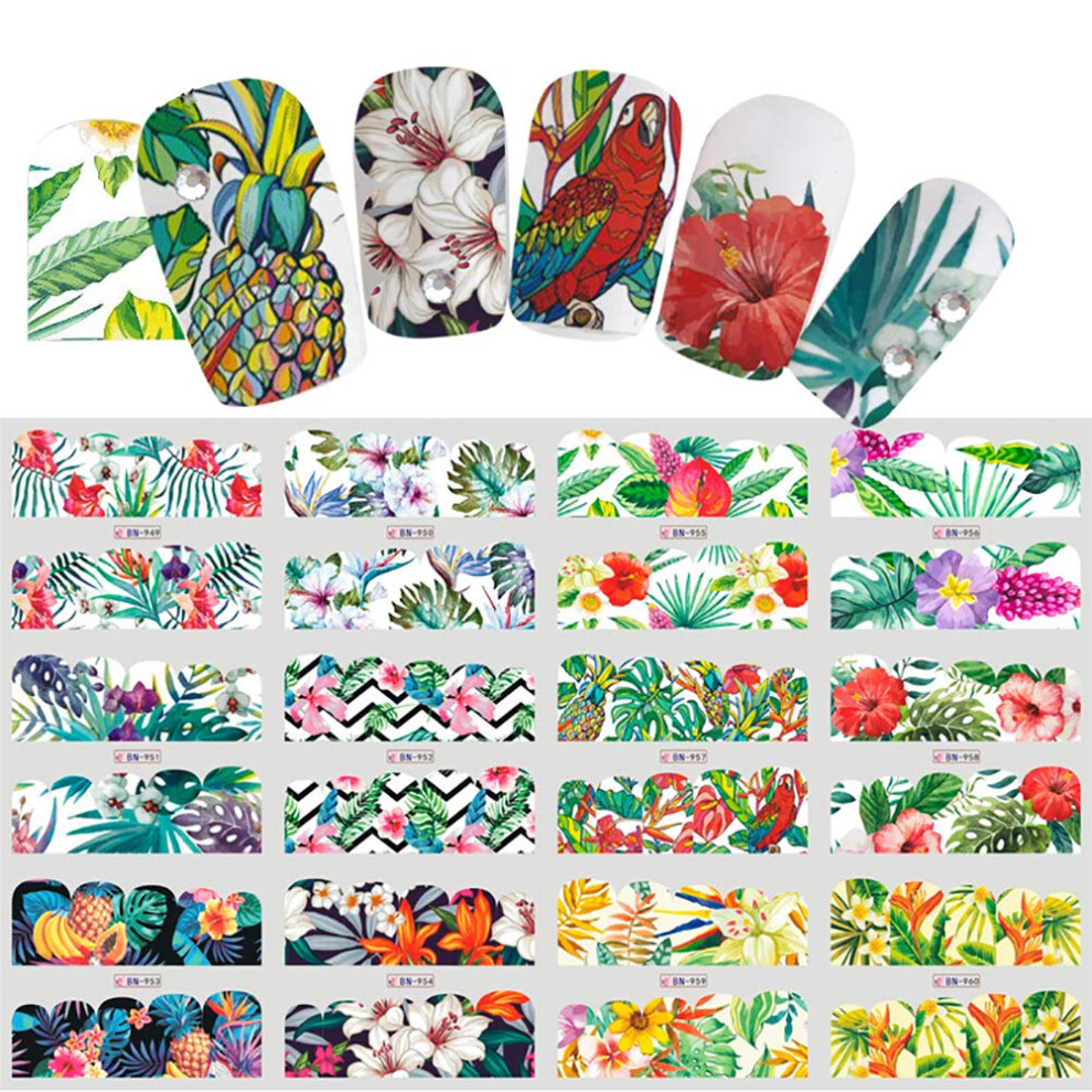 Watercolor Flower Nail Art Stickers Monstera Leaf Floral Water Transfer Quick Decoration