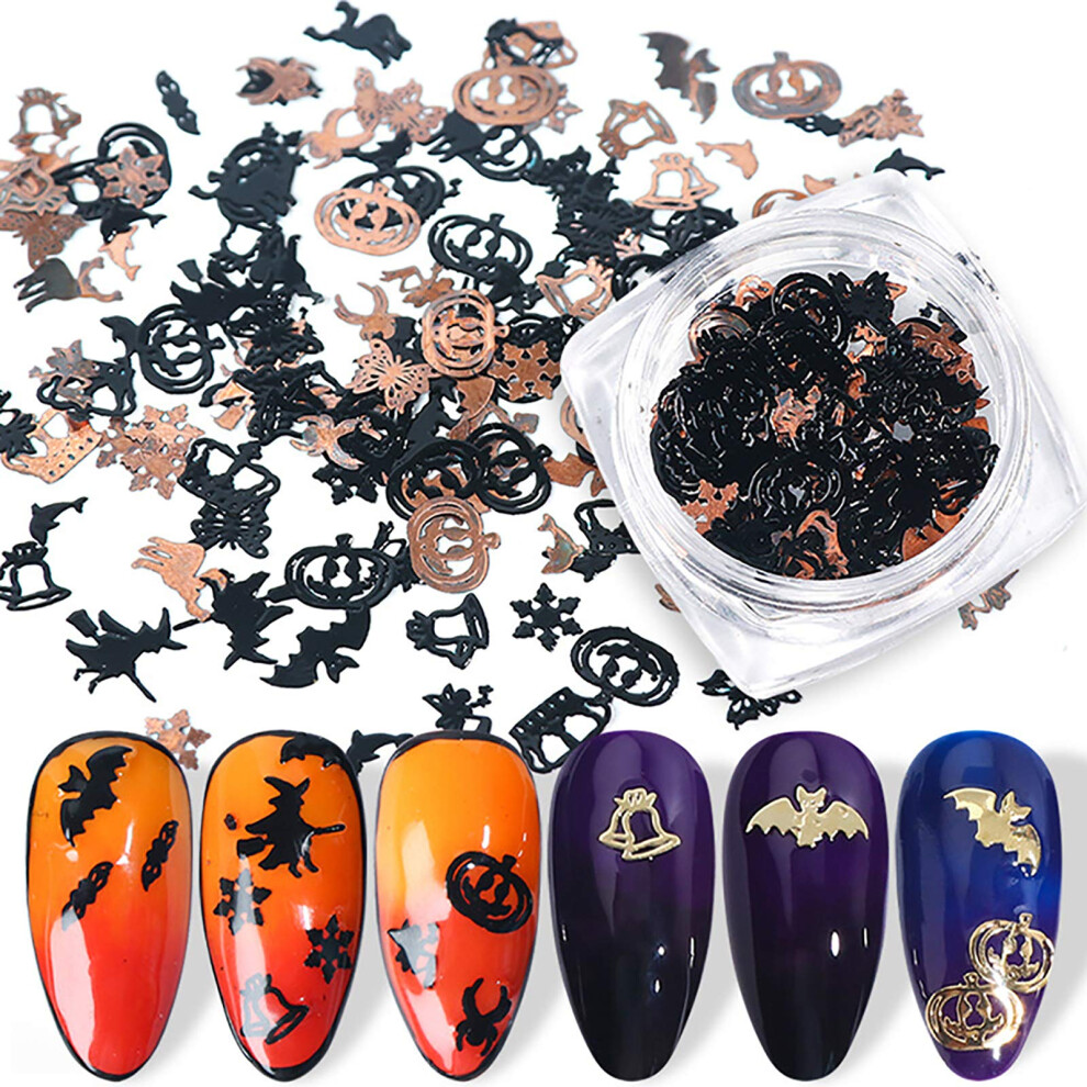 Halloween Nail Art Glitter Sequins 3D Metal Decals Pumpkin Witch Bat Skull UV Gel Decorations