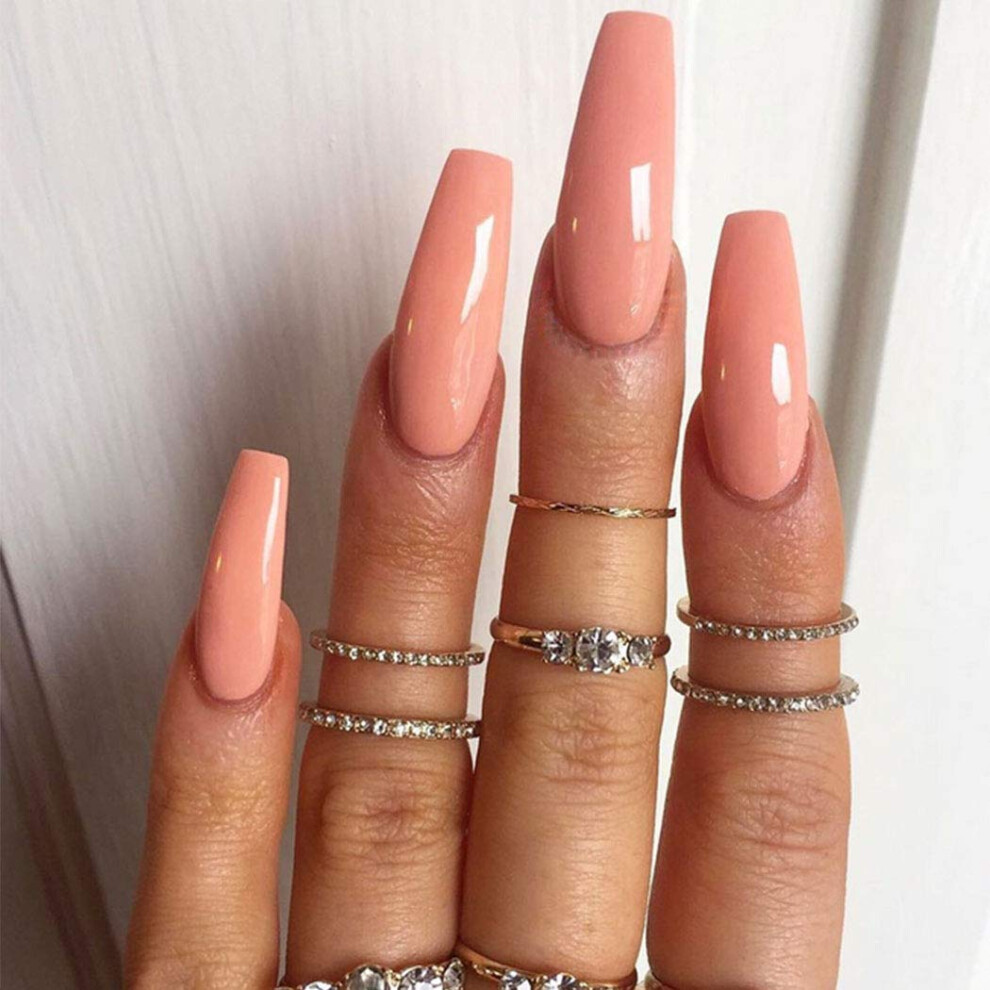 Light Orange Ballerina Press On Nails Glossy Full Cover False Nails with Multiple Sizes 24pcs