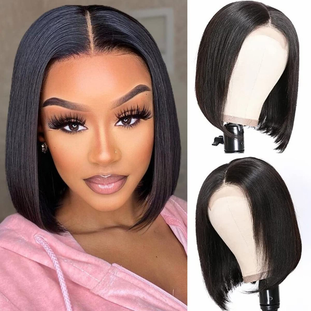 Unisex Black 14 Inch Straight Bob Wig Human Hair Hd Lace Closure Glueless Pre Plucked Hairline For Women