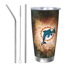 Vaso termo de acero inoxidable de 20 oz con tapa y pajita, con temática del equipo de fútbol americano Dolphins, compatible con portavasos de