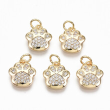 1 Stück Messing-Anhänger mit Mikropavé-Zirkonia und Biegering, nickelfrei, Hundepfotenabdruck, 18 Karat vergoldet, 11,5 x 10,5 x 2,5 mm