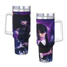 Wednesday40Oz Tumbler s rukojetí a brčkem, izolovaný hrnek z nerezové oceli, láhev na vodu, cestovní hrnek, držák na pohár, dárky