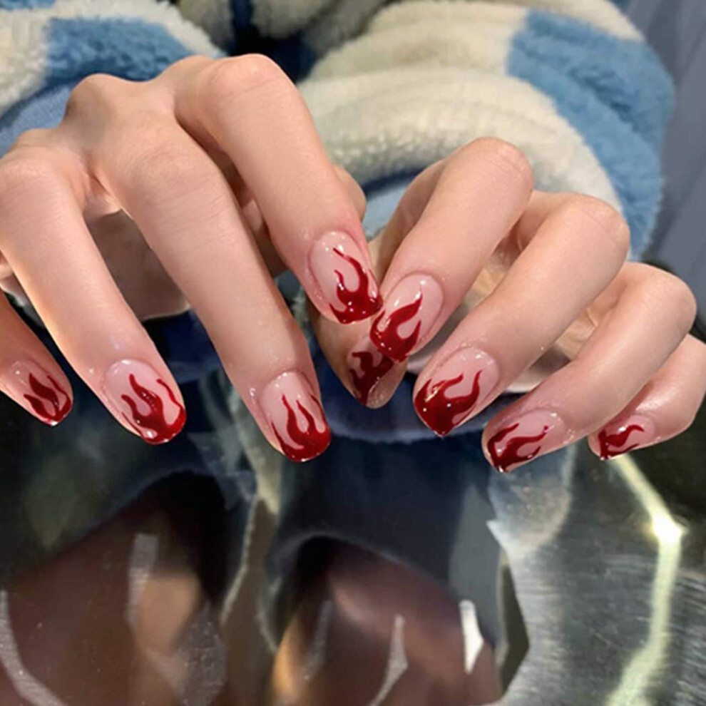 Red Press On Nails Full Cover Glossy French Fake Nails For Women, Longlasting 24Pcs Set