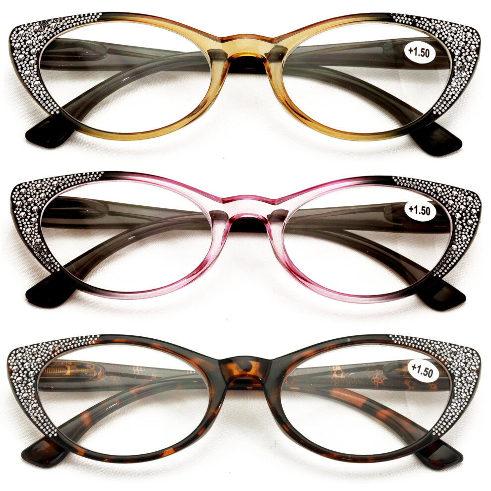 3 Pairs Women Cateye Reading Glasses Rhinestones - Stylish Comfortable Reading Glasses DR04 +2.00
