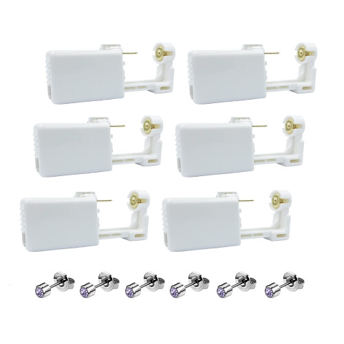 Ear Piercing Kit with Disposable Gun, Fast Stud Placement, Home Use, 6 Pcs Purplish Diamond
