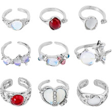 9-teiliges Y2K-Ringset mit Steinen, verstellbare, stapelbare Silberringe, Kristall-Retro-Schmuck, Grunge-Stil, Geschenkidee für Frauen