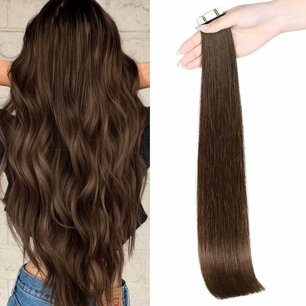 Unisex Brown Remy Human Hair Tape In Extensions 18 Inch Chocolate Seamless Invisible Silicone 20Pcs