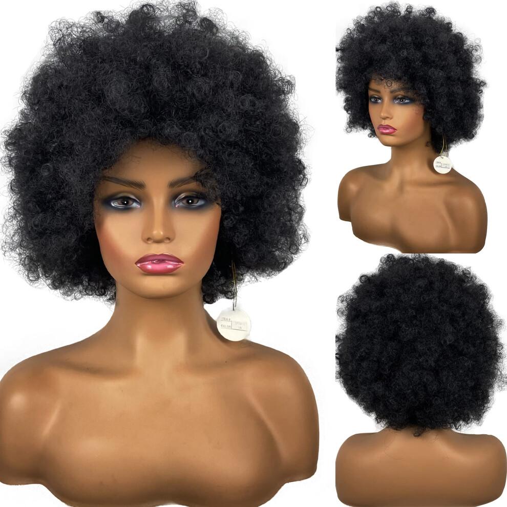Unisex Black 70S Afro Wig For Women Short Kinky Curly Synthetic Hair Large Bouncy Natural Soft Look