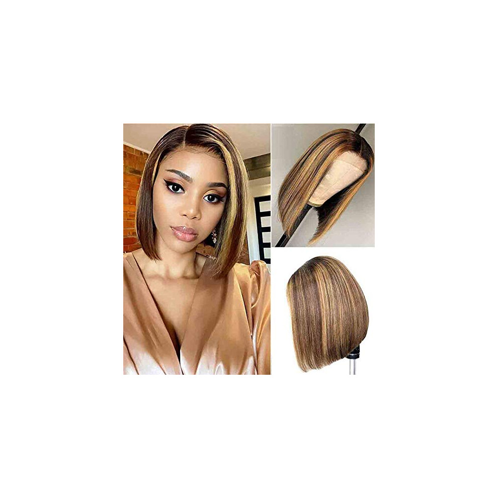 Human Hair Lace Front Bob Wig Ombre Blonde Brown 180% Density Preplucked Natural Hairline 12 Inch