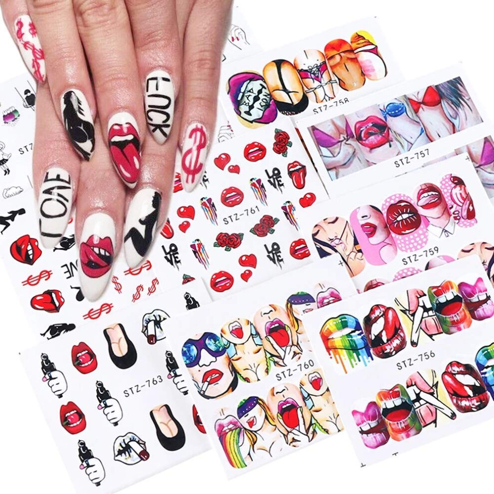 9 Sheets Valentine's Day Nail Art Stickers Sexy Lips Water Transfer Decals for Women Nails