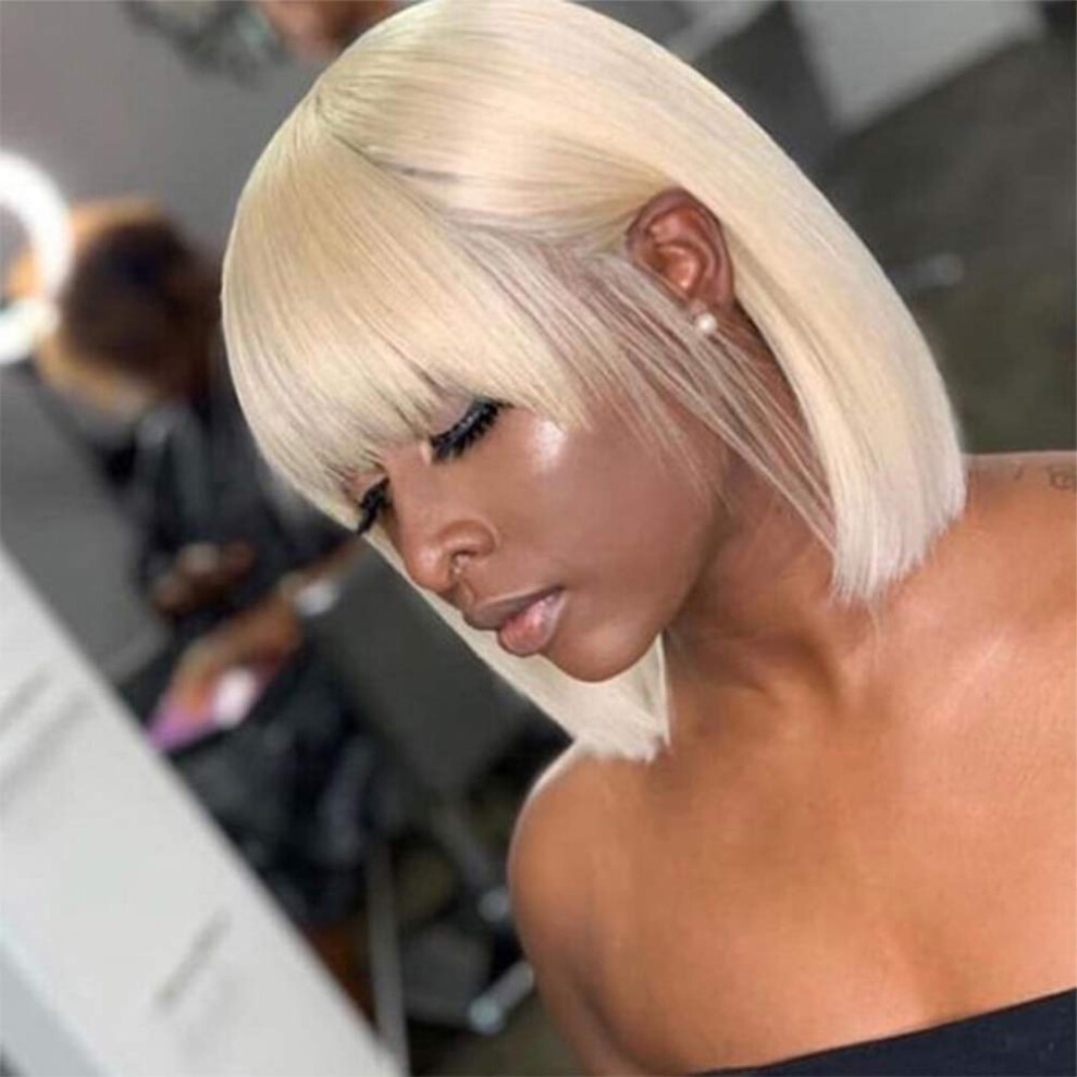 Unisex Black 613 Blonde Bob Wig With Bangs Human Hair, 12 Inch Straight Honey Blonde For Women