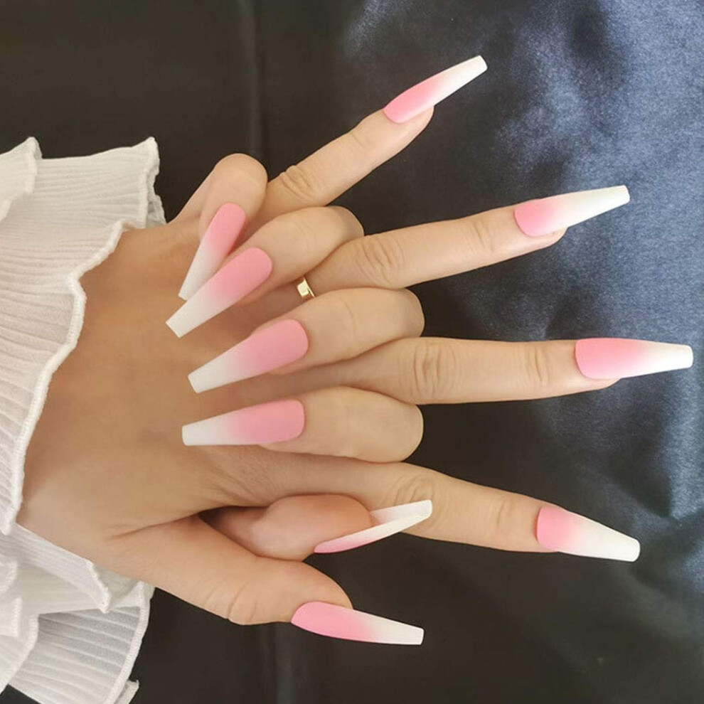 Pink Coffin Press On Nails Matte Ombre Fake Nails Reusable Acrylic False Nails Set 24Pcs