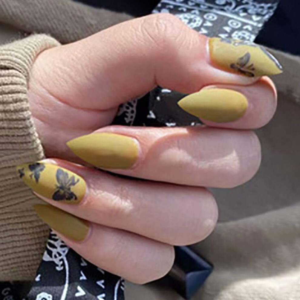 Long Stiletto Press On Nails Yellow Butterfly Halloween False Nails Set with Adhesive Tabs 24PCS