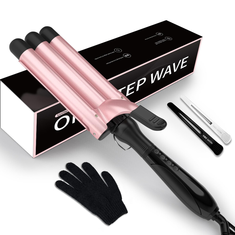 Pink Triple Barrel Curling Iron For Beach Waves, Long Barrel Hair Waver With Tourmaline,