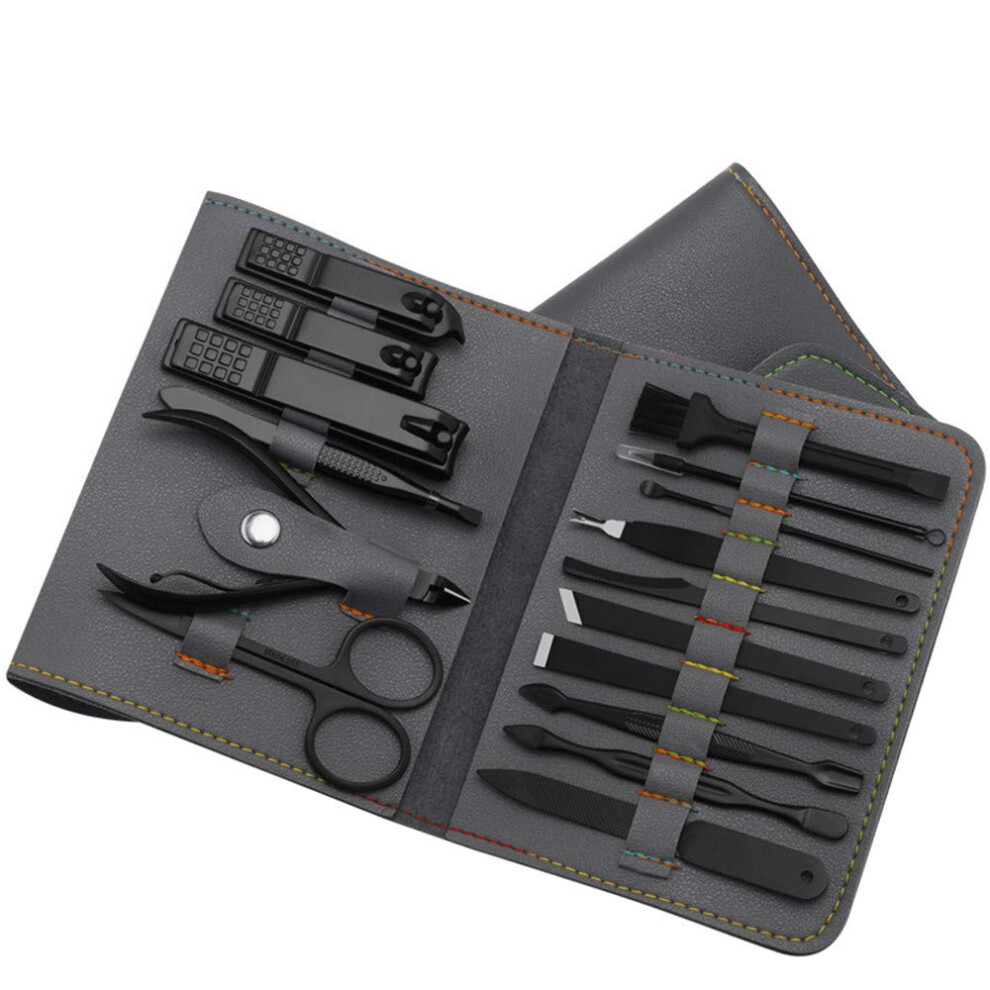 Grey Manicure Pedicure Set 16Pcs Stainless Steel Nail Clippers Kit Professional Grooming Tools