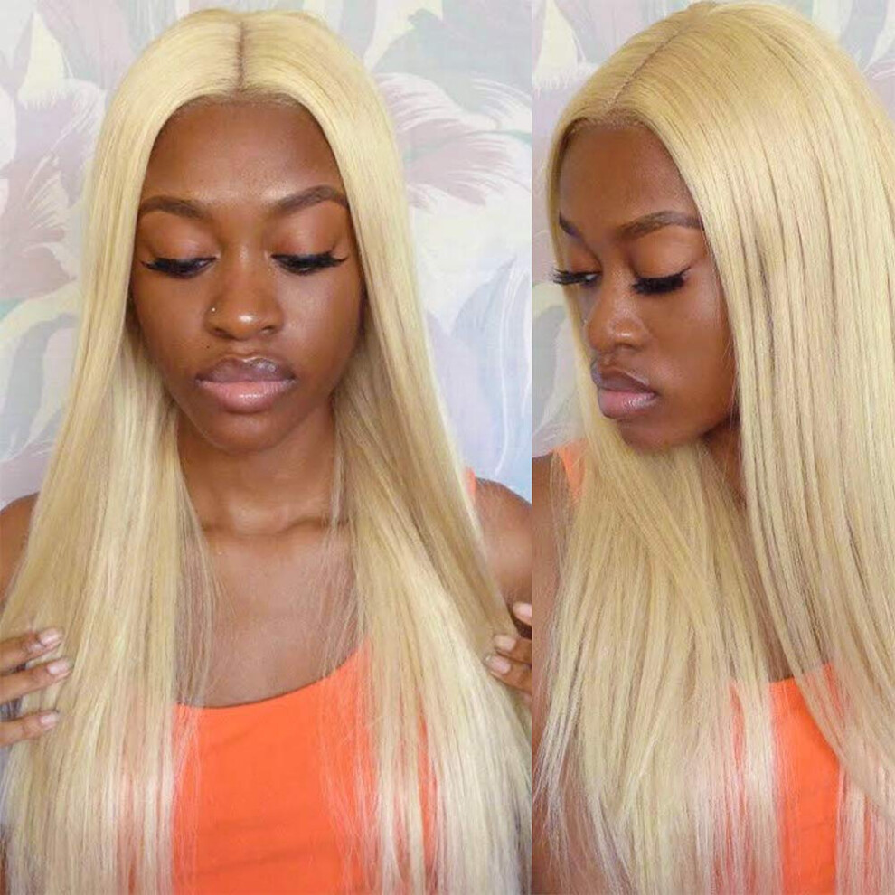 Unisex 18 Inch Straight Blonde Human Hair Lace Front Wig 613 Remy Pre Plucked Glueless With Baby Hair