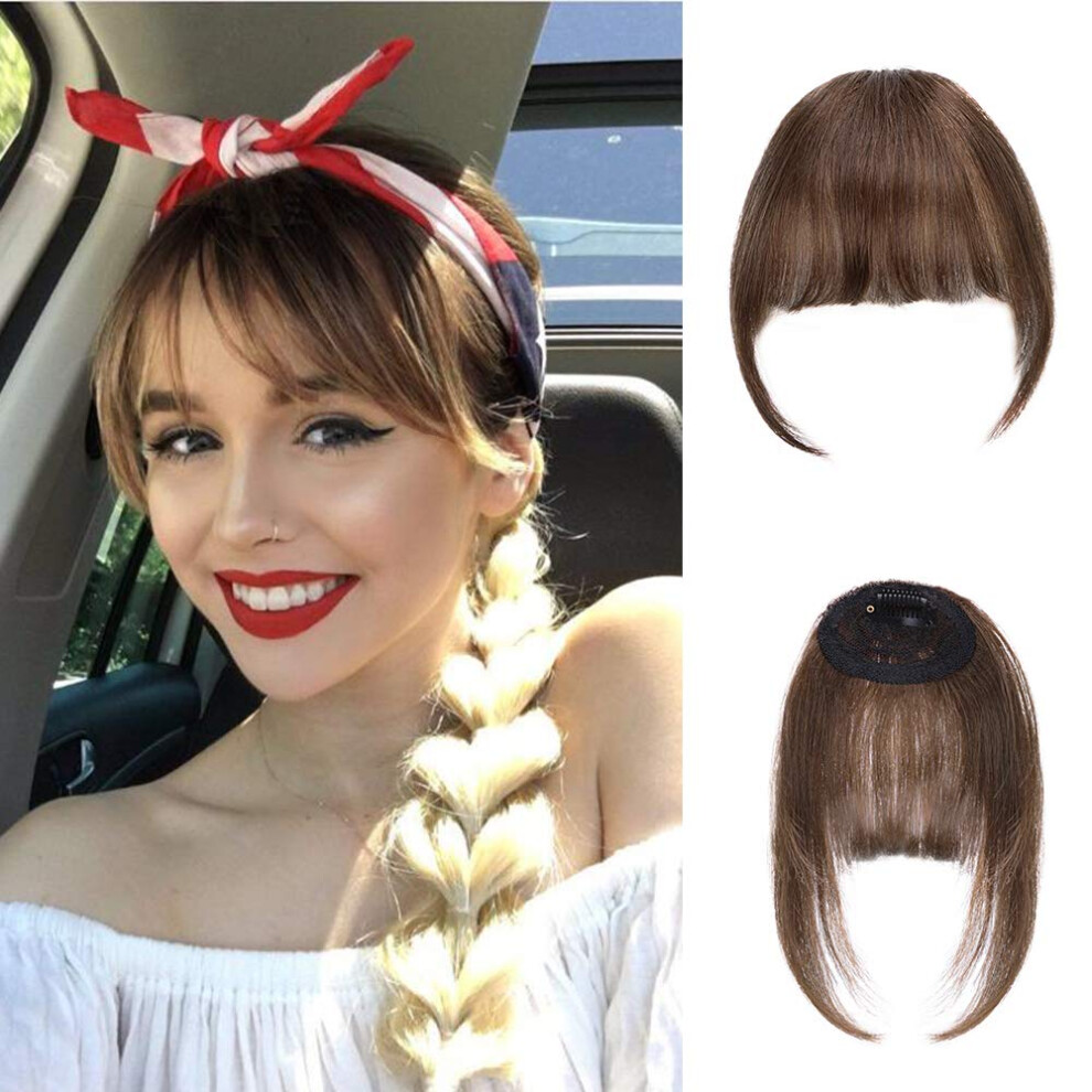 Unisex Brown Clip In Human Hair Bangs Extensions Remy Hair Fringe With Gradual Temples For Daily Wear Reddish