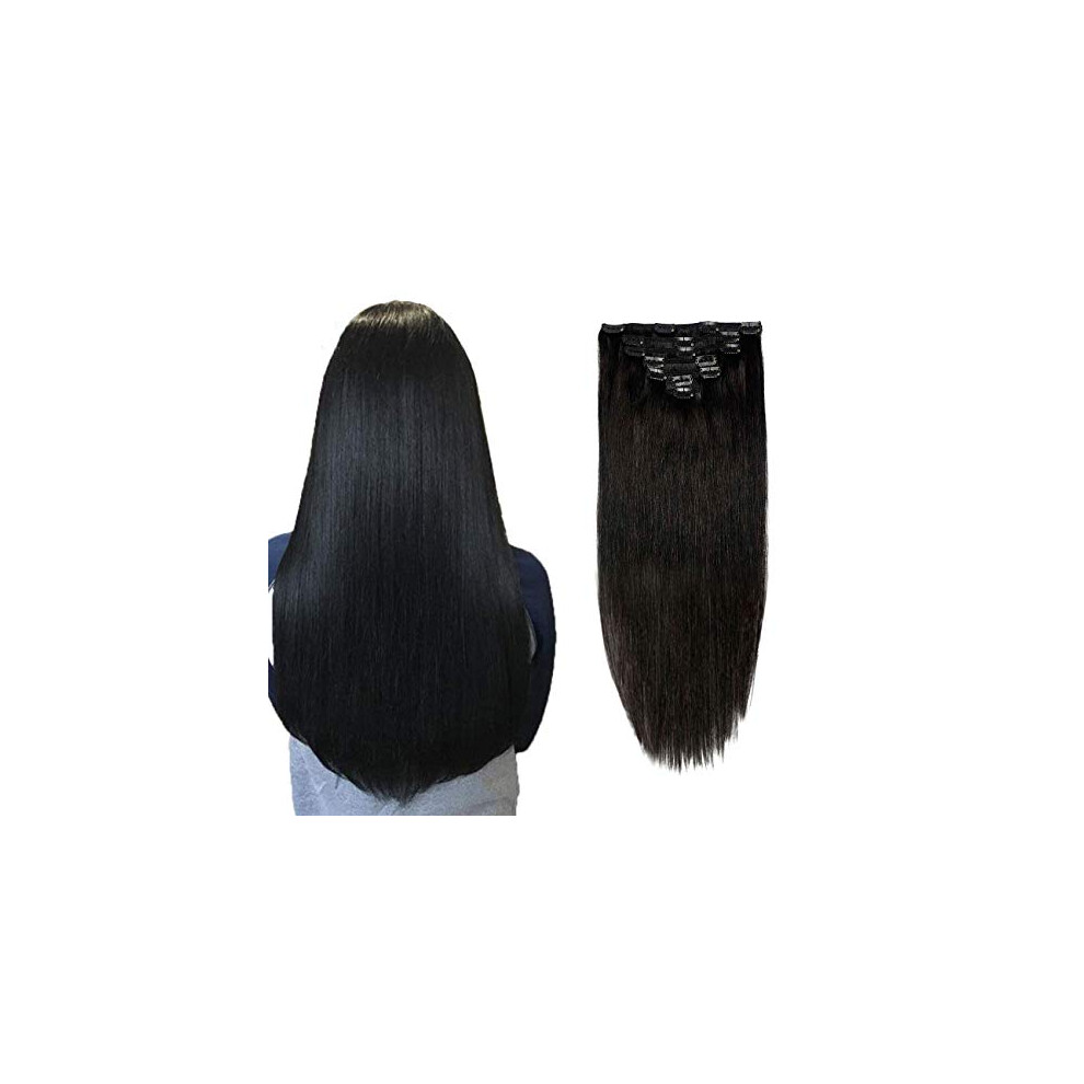 Unisex Black 16 Inch Jet Human Hair Clip In Extensions Brazilian Straight Double Weft Remy 7Pcs