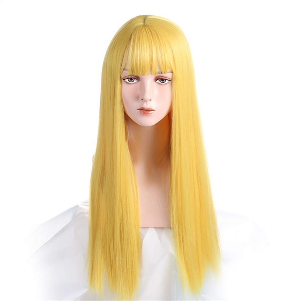 Unisex Pink 24 Inch Synthetic Wig For Women, HeatâResistant Cosplay Wig With Bangs, Silky Straight Hair