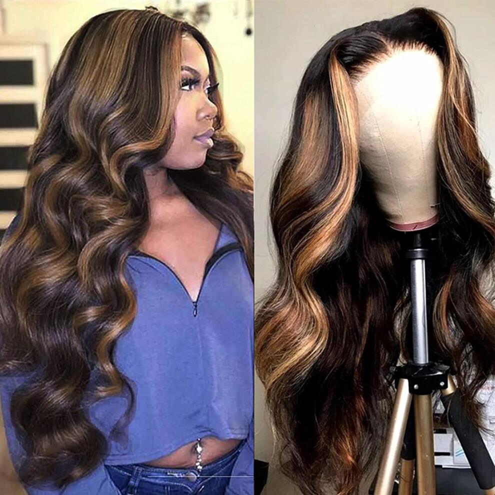 Unisex Brown Honey Blonde Ombre Brazilian Body Wave Human Hair Lace Front Wig 13X6 Pre Plucked Highlight 22 Inch